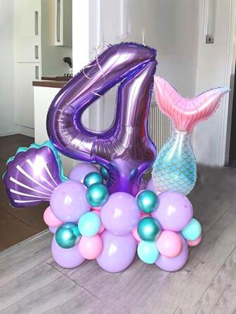 1/33 st ballongset med havstema, 40 tums lila sjöjungfrusvans och snäckskal folieballong och macaronfärgade latexballonger för födelsedagsfestdekorationer.