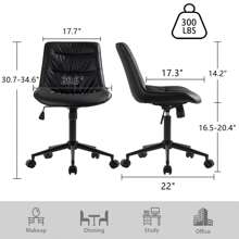 Home Office Chair With Wheels Swivel Armless Desk Chair Faux Leather Vanity Reading Chair Reclining Chair With Adjustable Mid Back Height Wide Seat Living Room - 黑色 - 查看 3