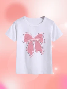 2024年女童新款短袖T恤，蝴蝶印花寬鬆上衣 - 白色 - 查看 2