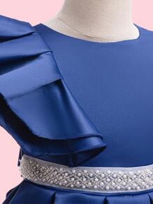 EHOMKIDS 年輕女孩實色緞面正式連衣裙，設珍珠腰帶，荷葉邊緣，適用於婚禮/晚會，中長款，適用於幼兒和大童 - 藍色 - 查看 4