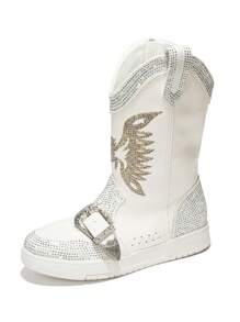 Women's Western Rhinestone Wing Ankle Boots With Buckle Trim - Lug Round Toe Low Heel For Special Events - White - View 4