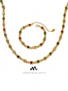 1set MiDuoDuo European & American Style Colorful Zirconia & Chain Link Design Stainless Steel Jewelry Set, Fashion - Dopamine Necklace Set - View 1