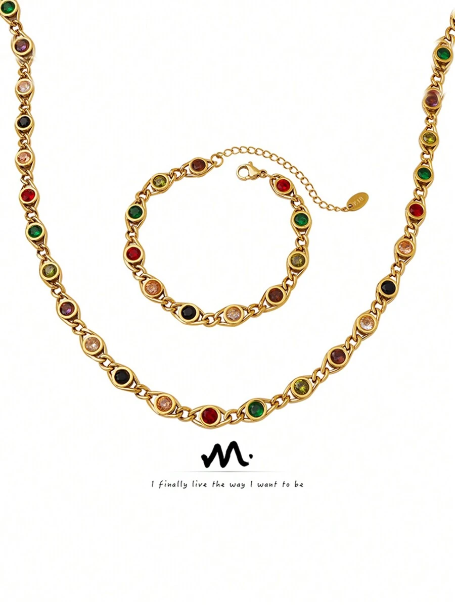 1set MiDuoDuo European & American Style Colorful Zirconia & Chain Link Design Stainless Steel Jewelry Set, Fashion - Dopamine Necklace Set - View 1