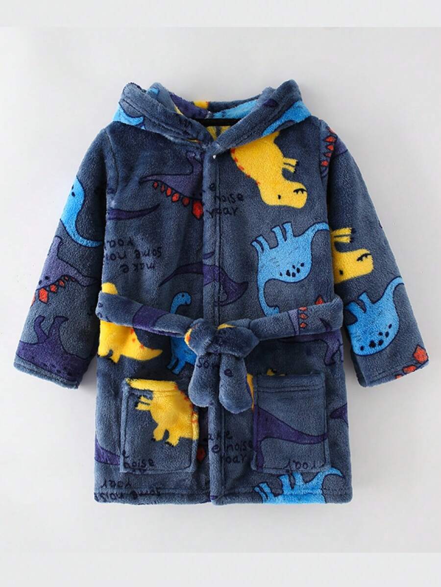 1 pieza Bata con capucha de dinosaurio de coral polar para niños, ropa de hogar, estilo de dibujos animados lindo