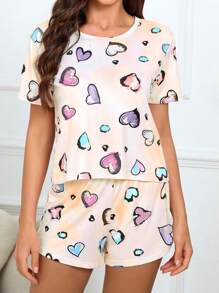 Women's Tie-Dye Heart Print Short Sleeve And Shorts Pajama Set, 2pcs - Multicolor - View 2