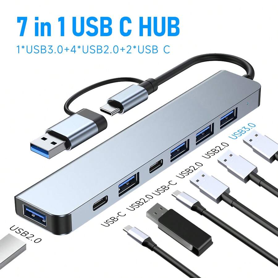 7合1 USB-C 增插座 USB C 集線器帶有1個 USB3.0 端口，4個 USB 2.0 端口和2個 USB C 端口，兼容筆記本電腦，平板電腦和手機 - 灰色 - 查看 1