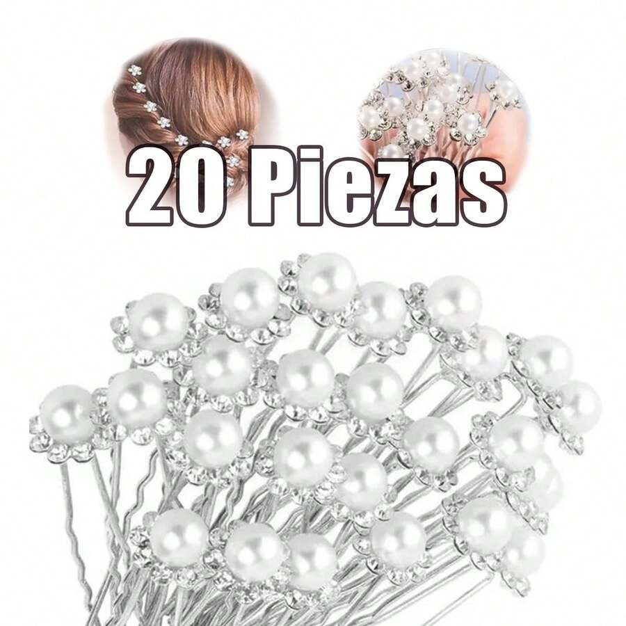 20 Unidades Horquillas para el pelo de cristal con flores nupciales para mujer, pinzas para el pelo con perlas de diamantes de imitación, horquillas brillantes para el pelo, horquillas para moño, puños para el pelo, accesorios para peinar el cabello para niñas/mujeres/bodas/fiestas - Plateado - Ver 1