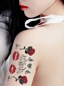 Tatuaje temporal adhesivo con diseño de flor, labios, corazón y letra - Multicolor - Ver 2