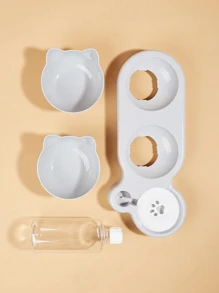 1pc Cat Ear Design Pet Double Bowl With Drinking Bottle For Dog And Cat For Drink More Water And Food Feeding - Light Grey - View 2
