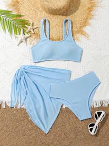 3pcs Girls' Summer Swimsuit Set, Snake Skin Pattern Fabric Bikini With Mesh, Tankini