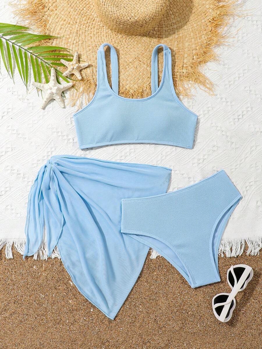 3pcs Girls' Summer Swimsuit Set, Snake Skin Pattern Fabric Bikini With Mesh, Tankini