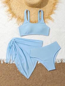 3pcs Girls' Summer Swimsuit Set, Snake Skin Pattern Fabric Bikini With Mesh, Tankini