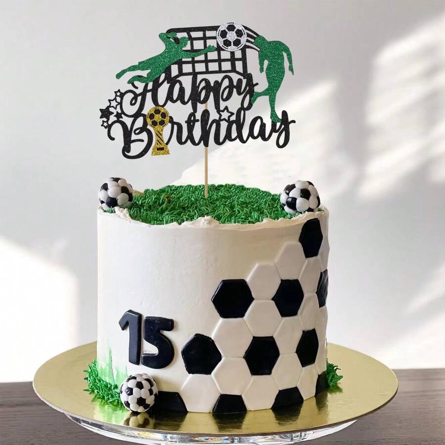1 pieza Trofeo de fútbol brillante de papel como decoración para pastel de feliz cumpleaños, ideal para fiestas de cumpleaños y decoración de repostería - Multicolor - Ver 1