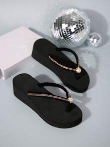 Chanclas de cuña decoradas con pedrería para mujer. Sandalias elegantes, ligeras y cómodas para actividades al aire libre