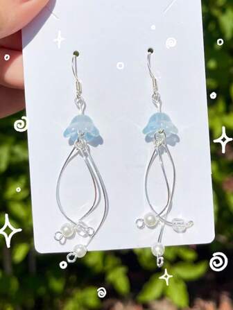 2pcs Sweet Handmade Jellyfish Gradient Beaded Earrings, Natural Beads, For Women's Daily Wear And Parties, Blue