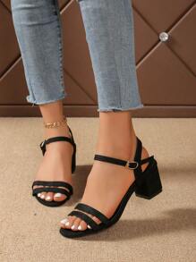 Women's New Round Toe Adjustable Strap Black High Heel Sandals, Summer Street And Party Fashion Casual Elegant Chunky Heel Dress Shoes