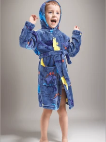 1 pieza Bata con capucha de dinosaurio de coral polar para niños, ropa de hogar, estilo de dibujos animados lindo