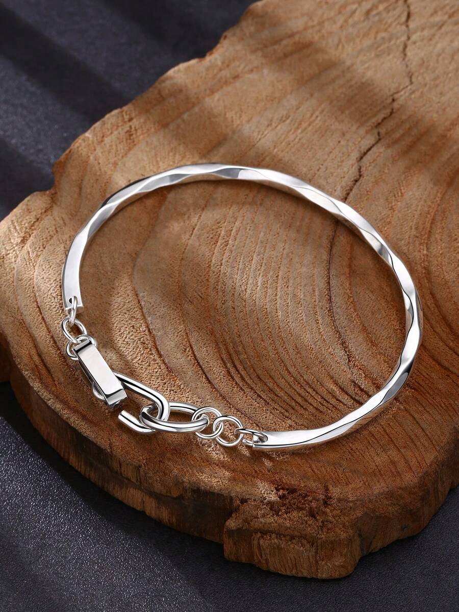 1 chiếc vòng tay hở không đối xứng bằng bạc Sterling 925 dành cho cả nam và nữ, thích hợp để đeo hàng ngày - Bạc - Xem 1