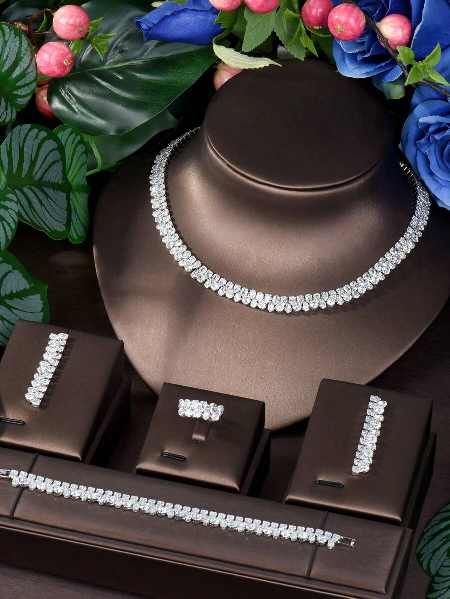 1套簡約立體氧化鋯石幾何裝飾珠寶套裝，適合女性旅行佩戴