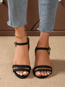 Women's New Round Toe Adjustable Strap Black High Heel Sandals, Summer Street And Party Fashion Casual Elegant Chunky Heel Dress Shoes