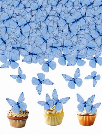 72pcs/Box Cupcake Decorations Blue Crystal Butterflies Wafer Paper, Birthday Party Supplies