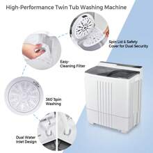 Portable Washing Machine, Twin Tub Washer And Dryer Combo, 21lbs Compact Mini Laundry Clothes Washer, Built-In Drain Pump, Semi-Automatic Wash And Spin Cycle For Apartment Dorm Camping RV - White - View 3