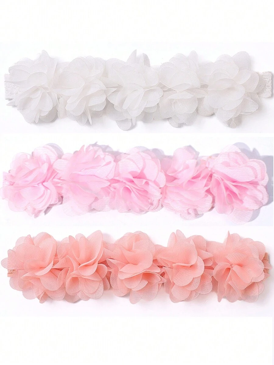 3pcs/Set Solid Color Chiffon Floral Baby Headbands, Suitable For All Seasons - White - View 1