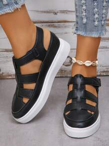 女士厚底漆皮拖鞋，厚底空心設計，戶外防滑包頭鞋，2024年夏季新品 - 黑色 - 查看 2