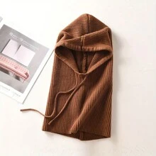 Conjunto de gorro e cachecol de malha de cor sólida feminino, 1 peça, grosso e quente, proteção auricular, versátil com capuz para outono/inverno