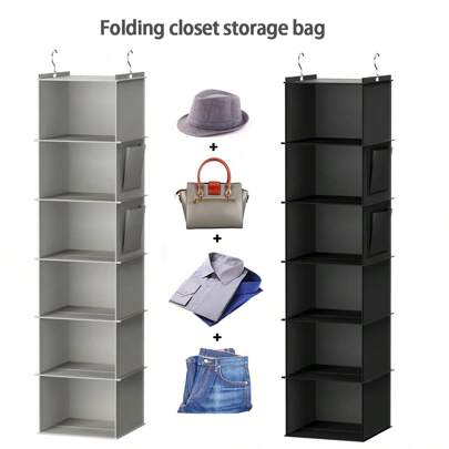 1pc Hanging Wardrobe Storage Shelf, 6 Layers Hanging Clothes Organizer With Side Pockets And Hooks, Space Saving Foldable Garment Storage Rack For Home And Travel Use Decorations Decor Festival Decor Room Decor Home Decor Bed Room Decor Bedroom, Organizer, Home Storage, White T Shirt Women, Black Pants Women, Ladies Winter Clothes, Dress,