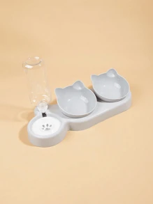 1pc Cat Ear Design Pet Double Bowl With Drinking Bottle For Dog And Cat For Drink More Water And Food Feeding - Light Grey - View 13