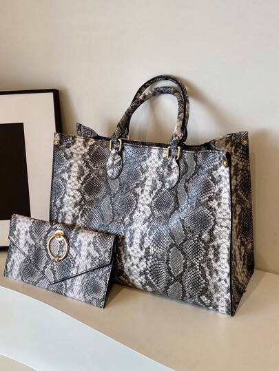 2pcs Set Fashion Hot Selling New Python Skin Pattern Handbag Combo, Large Capacity, Scratch-Resistant And Waterproof Material, Suitable For Travel, Daily Shopping, Handbag And Other Occasions