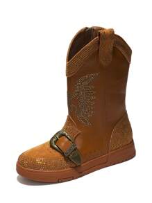 Women's Western Rhinestone Wing Ankle Boots With Buckle Trim - Lug Round Toe Low Heel For Special Events - 棕色 - 查看 4