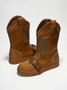 Women's Western Rhinestone Wing Ankle Boots With Buckle Trim - Lug Round Toe Low Heel For Special Events - 棕色 - 查看 2