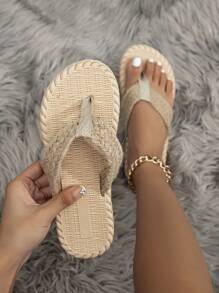 Women's Summer Vacation Woven Sole Sandals Flat Heel Raffia Strap Slippers - Khaki - View 1