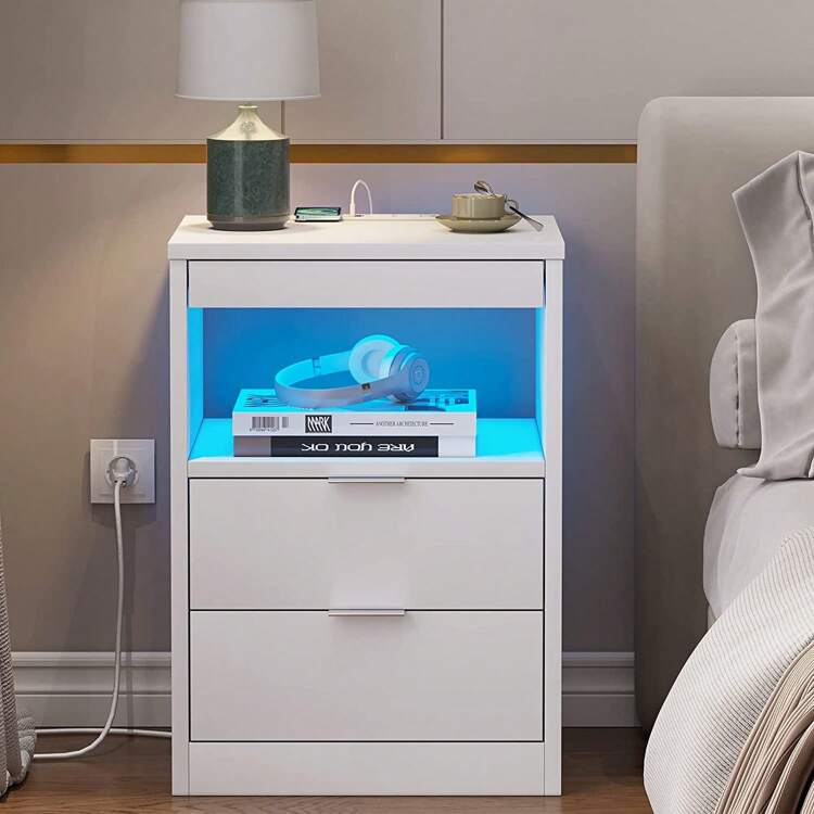 Nightstand With Drawers, End Table With Wireless Charging Station, Side Table With LED Lights, White