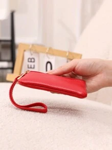 Women's Glossy Short Wallet With Litchi Pattern Wrist Strap Double Zipper Closure For Women Wallet Mini Wallet Purse Wallet Wristlet Wallet Coin Wallet - Red - View 3