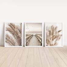 Set de 3 pósteres de lienzo con marco opcional que presentan un diseño boho con diente de león, paisaje y plantas. Arte de pared impermeable, cuadros de pared ideales como regalo, para dormitorio, sala de estar, oficina, baño, comedor, cafetería, bar y decoración del hogar y la residencia