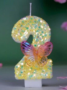 1 vela de cumpleaños con forma de número  en color amarillo con patrón de mariposa para celebración de fiestas y aniversarios, velas creativas sin humo de romance - Amarillo - Ver 15