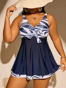 Women Deep V Neck Thick Strap Push Up Geometric Pattern Ruched Tankini Swimwear Two Pieces Set, Plus Size, Summer Beach - Navy Blue - View 8
