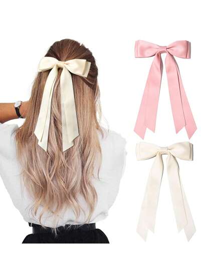 2pcs Women's Pink And White Satin Ribbon Bow Minimalist Style Hair Clip, Smooth And Elegant, High-End And Graceful Alligator Hair Clips, Suitable For Daily Commuting, Casual Parties, Washing Face And Make-Up Matching Clothing And Accessories. Pink Accessories Claw Clips Hair Claws Hair Barrettes, Bows, Cute, Hair Accessories