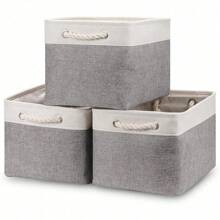 1pc/3pcs Fabric Storage Basket, Foldable Linen Storage Box For Nursery, Collapsible Shelf Basket For Closet Bedroom Organizer - White and Gray S - View 1