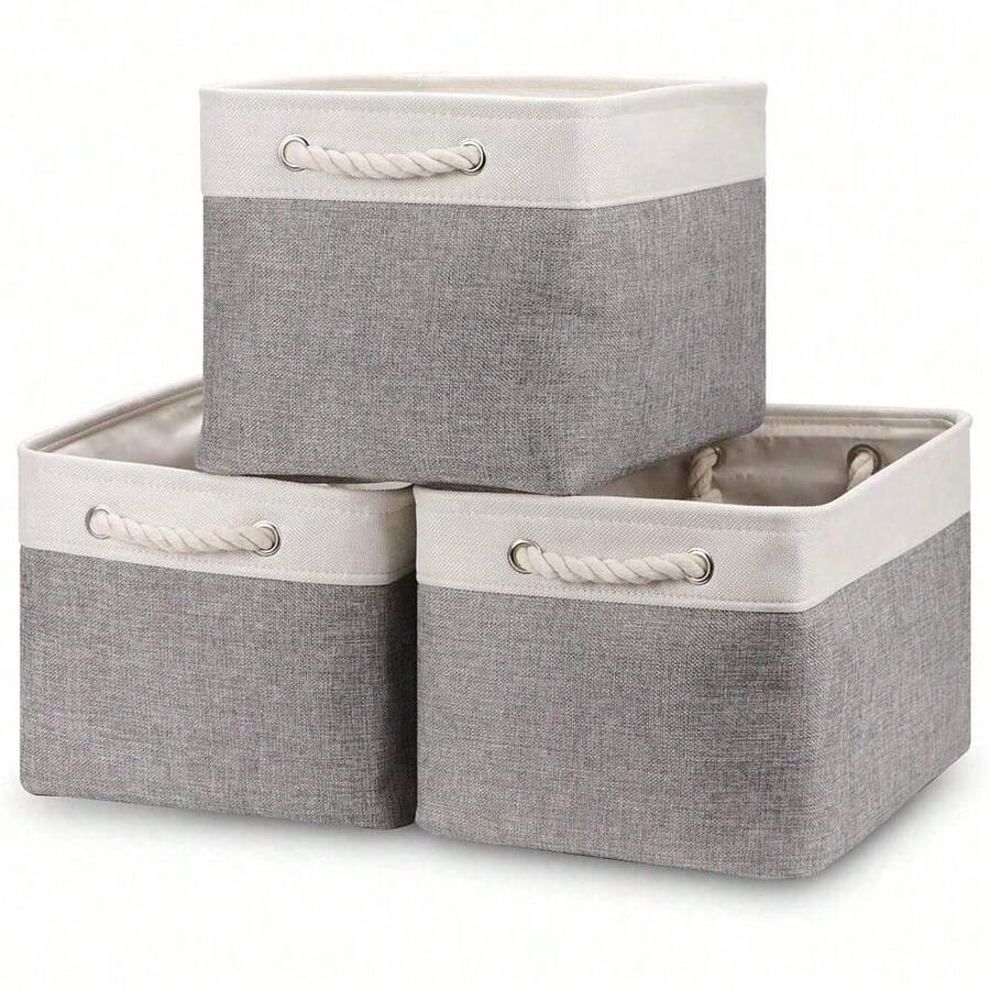 1pc/3pcs Fabric Storage Basket, Foldable Linen Storage Box For Nursery, Collapsible Shelf Basket For Closet Bedroom Organizer - White and Gray S - View 1