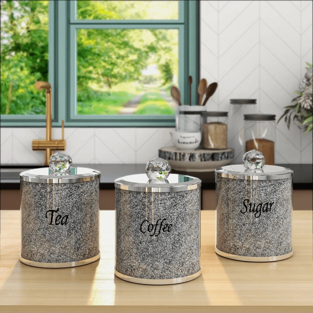 Coffee Sugar Tea Container Set Of 3 With Label & Lid, Crushed Diamond ...