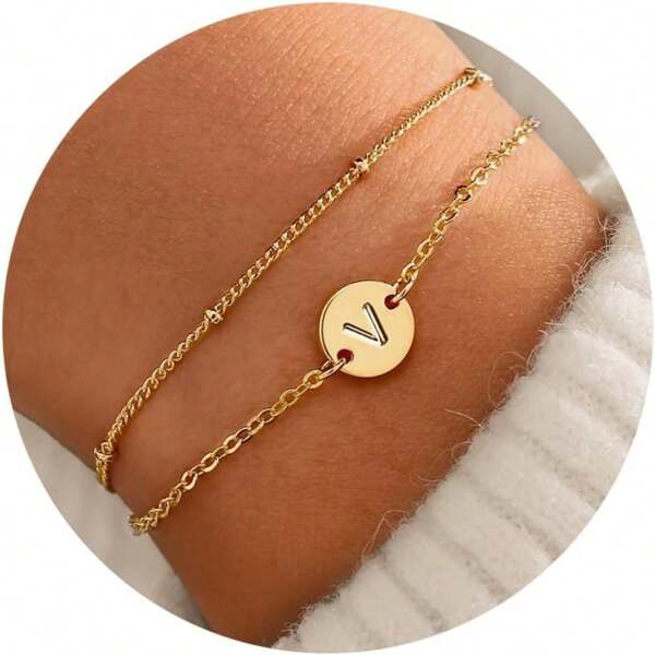 Gold Initial Bracelets For Women Girls - Dainty Gold Plated Layered Beaded Letter Initial Bracelet Personalized Disc Monogram Bracelet Gold Bracelets For Women Teen Girl Gifts Stuff