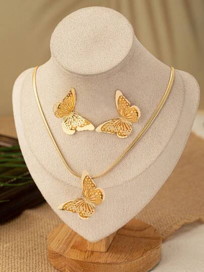 3pcs/Set Fashionable Elegant Hollow Butterfly Pendant Necklace & Earrings Jewelry Set, Suitable For Women To Wear On Daily/Evening/Party/Date