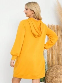French Terry Long Puff Sleeve Hoodie Dress - MUSTARD - View 2