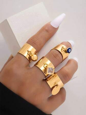 4 stks/set Hip Hop Creatieve Roestvrij Stalen Schijf, Strass, Oliedruppel, Oog & Kraal Hanger Open Ring Set voor Vrouwen