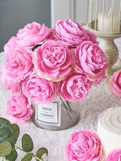 12/24pcs Artificial Flowers Simulated Peony Flower Heads With Stems For Wedding Party Decoration, Cake Decoration And Home Living Room Table Decoration