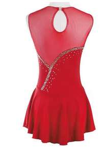 Disfraz de patinaje artístico rojo sin mangas con red en la espalda, pedrería, alto estiramiento, traje de entrenamiento de competición de patinaje artístico, disfraz de baile - Rojo - Ver 2